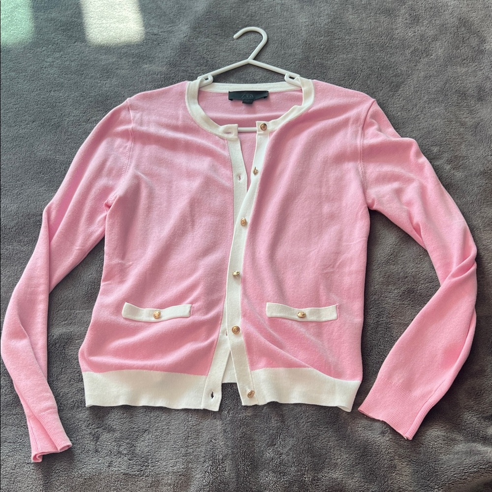 Zara Pink and Cream Cardigan Sweater